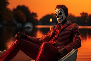 a man wearing skull mask and leather jacket sitting in boat at evening time, Generative Ai
