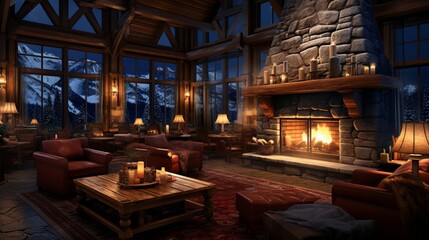 Fototapeta na wymiar cozy mountain lodge, with a roaring fireplace, comfortable sofas, and guests enjoying hot cocoa after a day of skiing