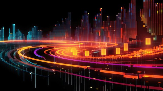 A conveyor belt with data symbols moving through stages of processing, depicting the transformation of raw information into usable insights