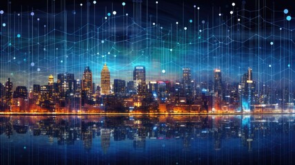 Fototapeta premium A cityscape with data symbols filling the skyline, visualizing the vast and interconnected landscape of big data