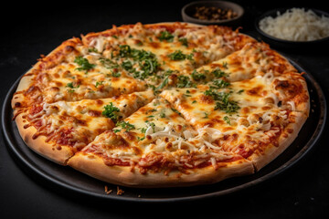 Cheese pizza with mushrooms and chicken delicious toppings on black Platter
