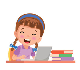 cute little kid use computer to study internet