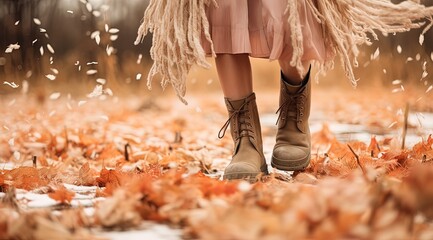  close up woman feet wearing boots walking in mid autumn park with dry crispy leave on covered the road path, Generative Ai