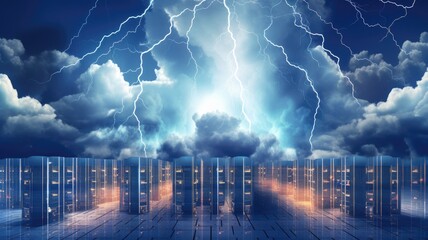 A cloud-filled sky with virtual servers and data centers interconnected by lightning bolts, symbolizing the power and reach of cloud infrastructure