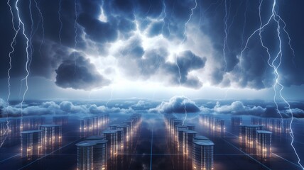 A cloud-filled sky with virtual servers and data centers interconnected by lightning bolts, symbolizing the power and reach of cloud infrastructure - obrazy, fototapety, plakaty