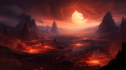 Fototapeta premium Volcanic crater with steaming geysers, molten lava, and ominous volcanic peaks in the distance game art
