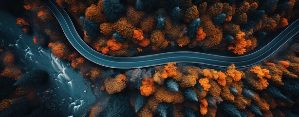 aerial view of autumn forest with long road passing by, nature banner background,  Generative Ai