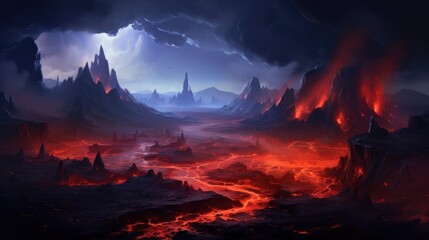 Volcanic crater with steaming geysers, molten lava, and ominous volcanic peaks in the distance game art