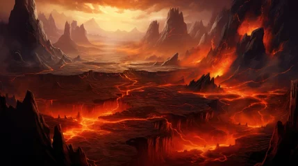 Selbstklebende Fototapeten Volcanic crater with steaming geysers, molten lava, and ominous volcanic peaks in the distance game art © Damian Sobczyk
