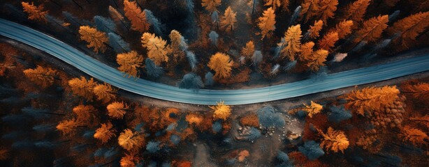 aerial view of autumn forest with long road passing by, nature banner background,  Generative Ai