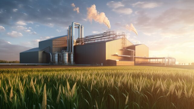 A bioenergy facility with biomass fuel sources, illustrating the conversion of organic materials into sustainable energy