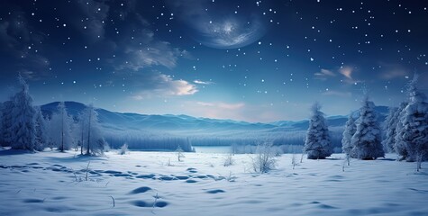 beautiful winter night landscape banner background, Generative Ai