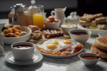 Obraz na płótnie Canvas Breakfast with fried eggs, bacon, sausages, coffee, jam and pancakes