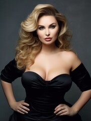 Beautiful woman natural beauty, big chest and magnificent forms, stylish evening dress with a neckline
