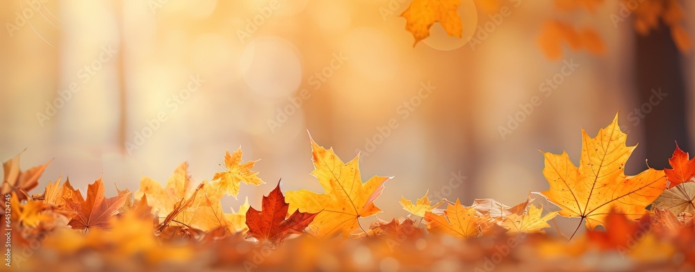 Wall mural abstract seasonal banner background, close up autumn street covered with dry orange leaves, generati