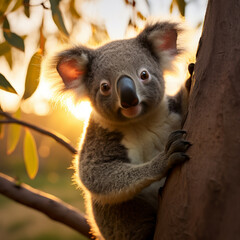 Naklejka premium Koala climbing a eucalyptus tree. AI Generative.