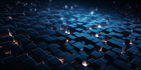 Naklejka premium Abstract dark blue background with glowing cubes. 