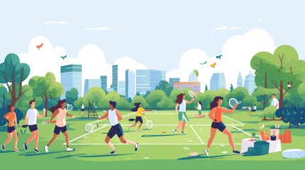 Illustration where people do sport in open air