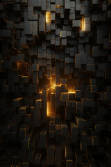 Dark abstract geometric background with glowing cubes. Futuristic background.
