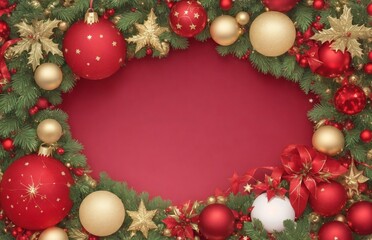 Christmas background with fir tree and christmas decoration elements. Top view with copy space