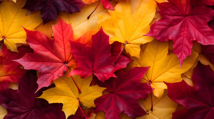 Naklejka na ściany i meble Autumn maple leaves background. Red and yellow maple leaves texture