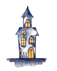 Halloween haunted house as design element. Hand drawn image watercolour. Isolated on white background.