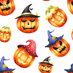 Watercolor seamless pattern with halloween pumpkins with hats. Happy magical hand painting for holiday isolated on white background. For designers, decoration, shop, for postcards, wrappi