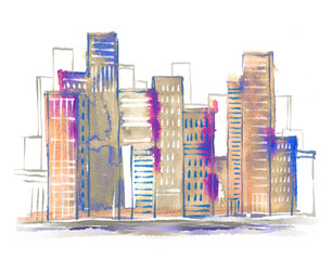 Urban landscape. Downtown. Cityscape in watercolour. Hand drawn sketch style. White background.