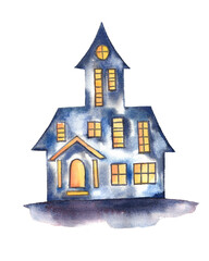 Halloween haunted house as design element. Hand drawn image watercolour. Isolated on white background.