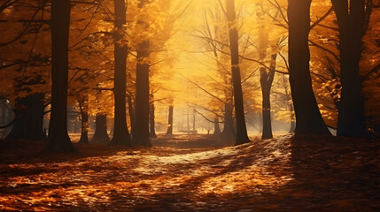 Autumn forest in the rays of the setting sun