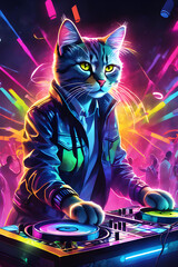 DJ neon cat on the dance floor in the club