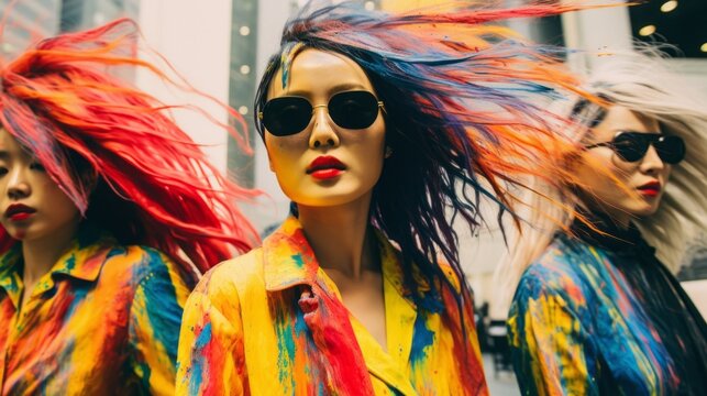 photography of girls with colorful painted fashion