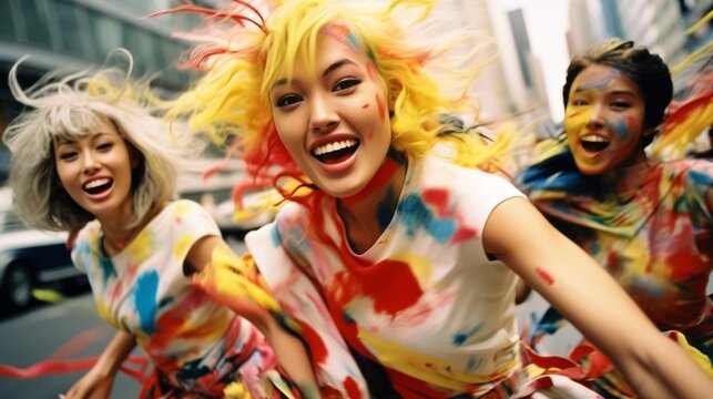 photography of three girls with colorful painted fashion