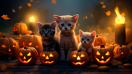 Halloween background with cute animals and pumpkins in  autumn colors and commercial photo style 