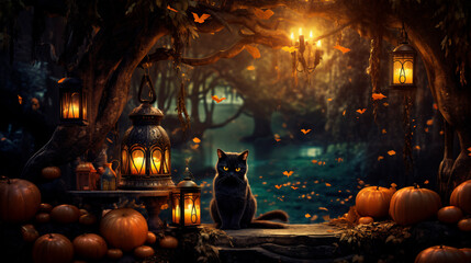 Halloween background with cute animals and pumpkins in  autumn colors and commercial photo style 