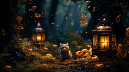 Halloween background with cute animals and pumpkins in  autumn colors and commercial photo style 