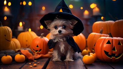 Halloween background with cute animals and pumpkins in  autumn colors and commercial photo style 