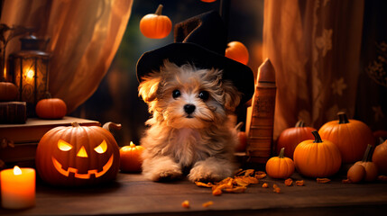Halloween background with cute animals and pumpkins in  autumn colors and commercial photo style 