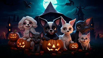 Halloween background with cute animals and pumpkins in  autumn colors and commercial photo style 