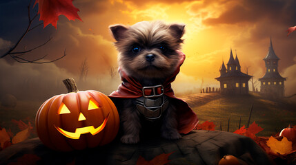 Halloween background with cute animals and pumpkins in  autumn colors and commercial photo style 