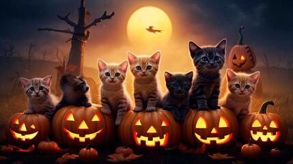 Halloween background with cute animals and pumpkins in  autumn colors and commercial photo style 