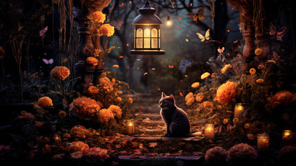 Halloween background with cute animals and pumpkins in  autumn colors and commercial photo style 