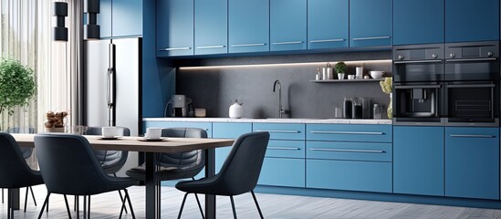 blue kitchen in a house with beautiful design.