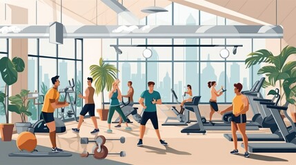 Fototapeta premium Llustration in which people spend time actively in the gym and take care of their shape and health