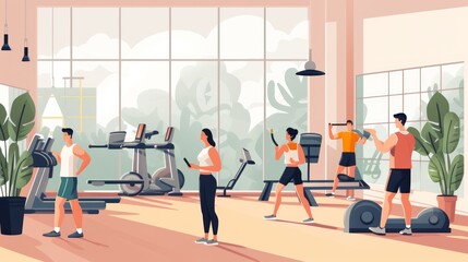 Obraz premium Llustration in which people spend time actively in the gym and take care of their shape and health