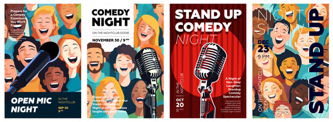 Stand up comedy show poster set. Open mic night funny event flyer and print template collection. Vintage microphone with laughing people on promo placard. Typography banner design. Vector illustration © Azat Valeev