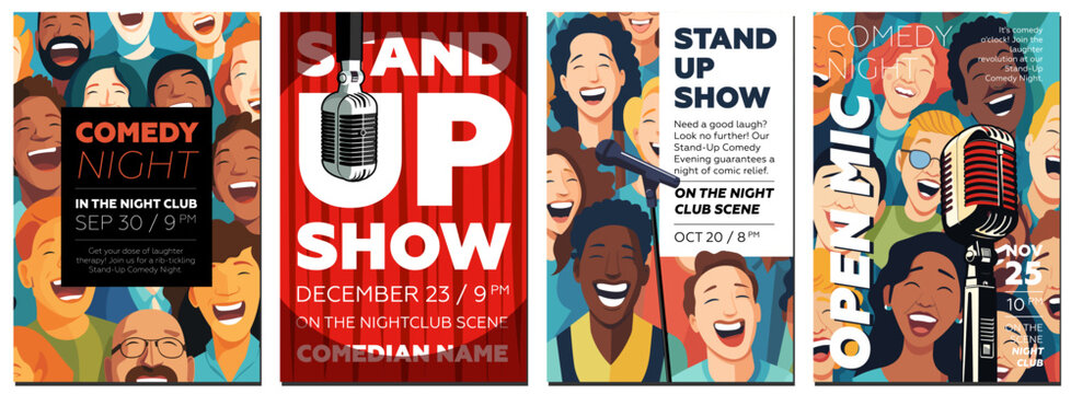 Stand up comedy show poster set. Open mic night comedian event flyer and print template collection. Vintage microphone with laughing people on placard. Advertising typography banner vector eps design