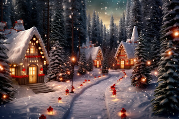 Path through pine trees in a snowy forest full with Christmas lights and with wooden decorated...