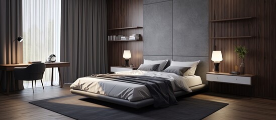 Contemporary bedroom with bed and pillows, seen from the front.