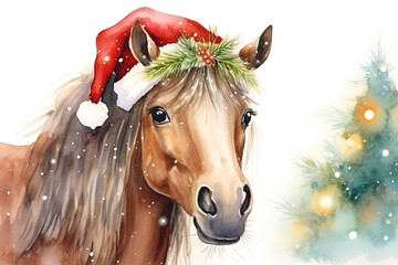 Cute horse in Christmas outfit in the snow. Watercolor animal illustration. Seasons greetings